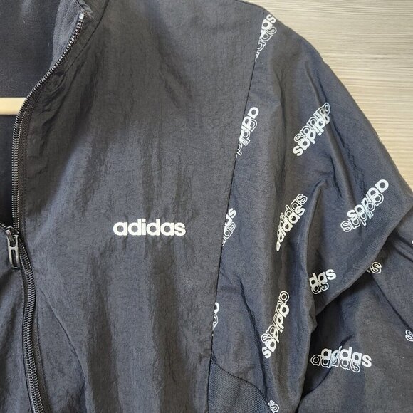 Adidas Womens Black Full-Zip Sport Track Jacket All-Over Logo & Elastic Hem M - Picture 14 of 16